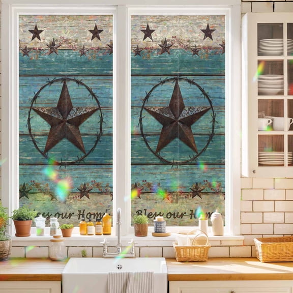 Privacy Window Film, Texas Star Country Static Cling Stained Glass Window Film, UV Sun Blocking Heat Control Stickers, Non-Adhesive Laser Windows Tint 17.7"x39.3" Western Old Wooden Board Vintage