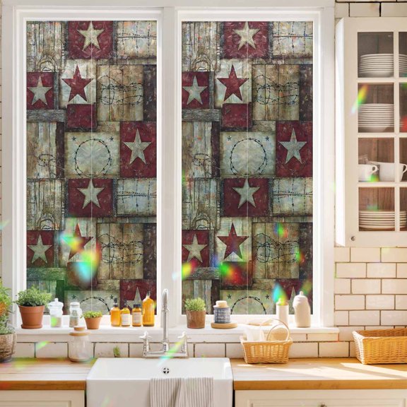 Privacy Window Film, Texas Star Farm Static Cling Stained Glass Window Film, UV Sun Blocking Heat Control Stickers, Non-Adhesive Laser Windows Tint 17.7"x39.3" Country Wood Grain Vintage Western