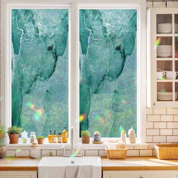 Privacy Window Film, Turquoise Marble Static Cling Stained Glass Window Film, UV Sun Blocking Heat Control Stickers, Non-Adhesive Laser Windows Tint 17.7"x39.3" Nature Marble Stone Ripple Modern Art