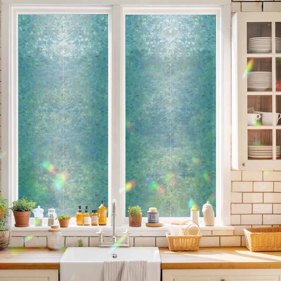 Privacy Window Film, Turquoise Ombre Static Cling Stained Glass Window Film, UV Sun Blocking Heat Control Stickers, Non-Adhesive Laser Windows Tint 17.7"x39.3" Modern Gradient Abstract Art