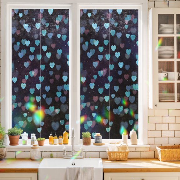 Privacy Window Film, Valentine's Day Static Cling Stained Glass Window Film, UV Sun Blocking Heat Control Stickers, Non-Adhesive Laser Windows Tint 19.6"x39.3" Teal Blue Purple Love Heart Romantic