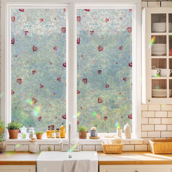 Privacy Window Film, Valentine's Day Static Cling Stained Glass Window Film, UV Sun Blocking Heat Control Stickers, Non-Adhesive Laser Windows Tint 19.6"x39.3" Red Love Heart Romantic Beige Burlap