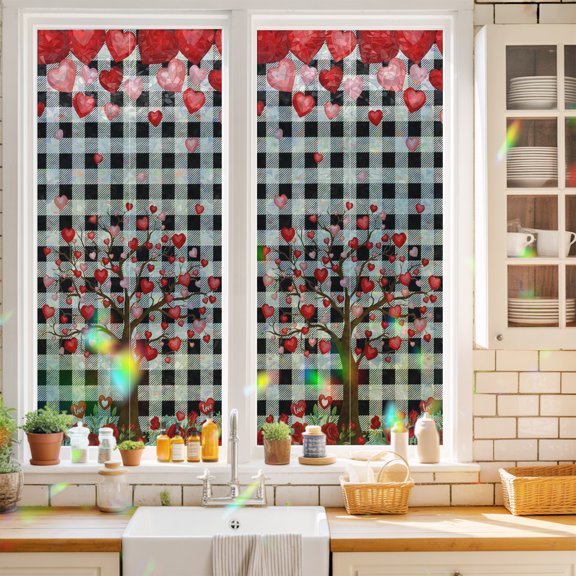 Privacy Window Film, Valentine's Day Static Cling Stained Glass Window Film, UV Sun Blocking Stickers, Non-Adhesive Laser Windows Tint 19.6"x39.3" Romantic Love Trees Red Roses Black Plaid