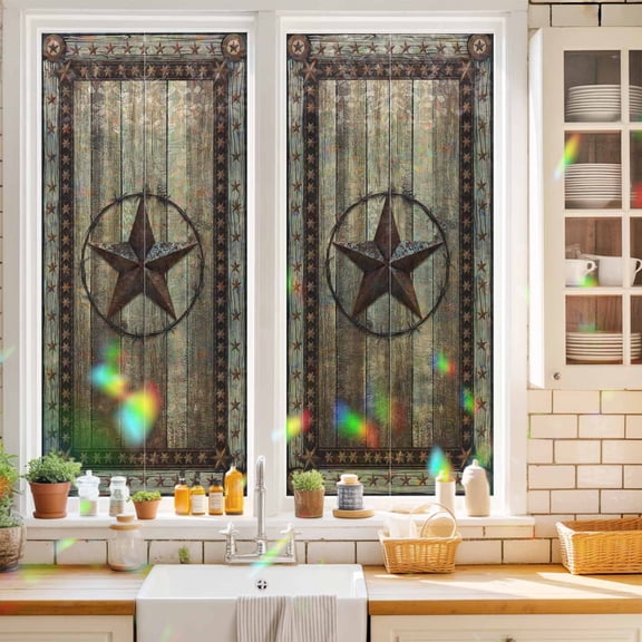Privacy Window Film, Western Farmhouse Static Cling Stained Glass Window Film, UV Sun Blocking Stickers, Non-Adhesive Laser Windows Tint 17.7"x39.3" Primitive Rustic Country Retro Texas Star