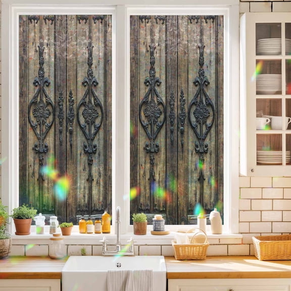 Privacy Window Film, Wooden Plank Static Cling Stained Glass Window Film, UV Sun Blocking Heat Control Stickers, Non-Adhesive Laser Windows Tint 17.7"x39.3" Rustic Farmhouse Brown Black Barn Door