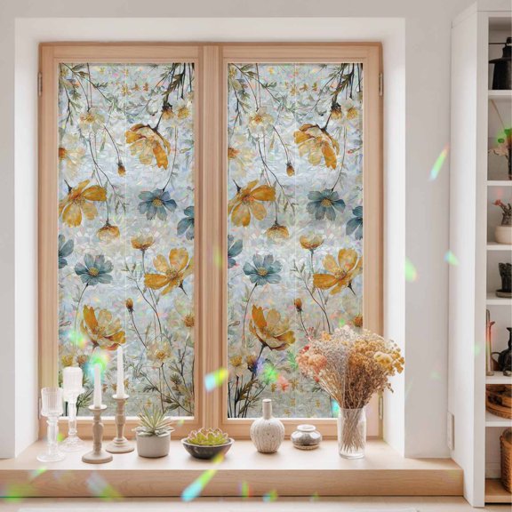 Privacy Window Film, Yellow Blue Spring Floral Static Cling Stained Glass Window Film, UV Sun Blocking Heat Control Stickers, Non-Adhesive Laser Windows Tint 29.5"x78.7" Watercolor Summer Botanical
