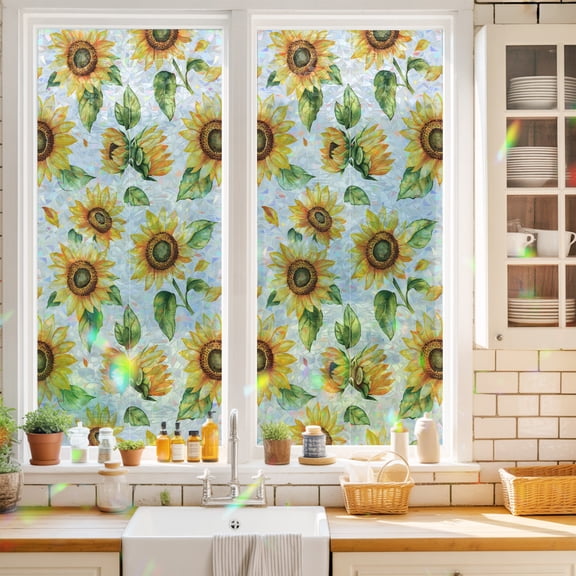 Privacy Window Film, Yellow Sunflower Static Cling Stained Glass Window Film, UV Sun Blocking Heat Control Stickers, Non-Adhesive Laser Windows Tint 17.7"x39.3" Country Petals Floral Summer Spring