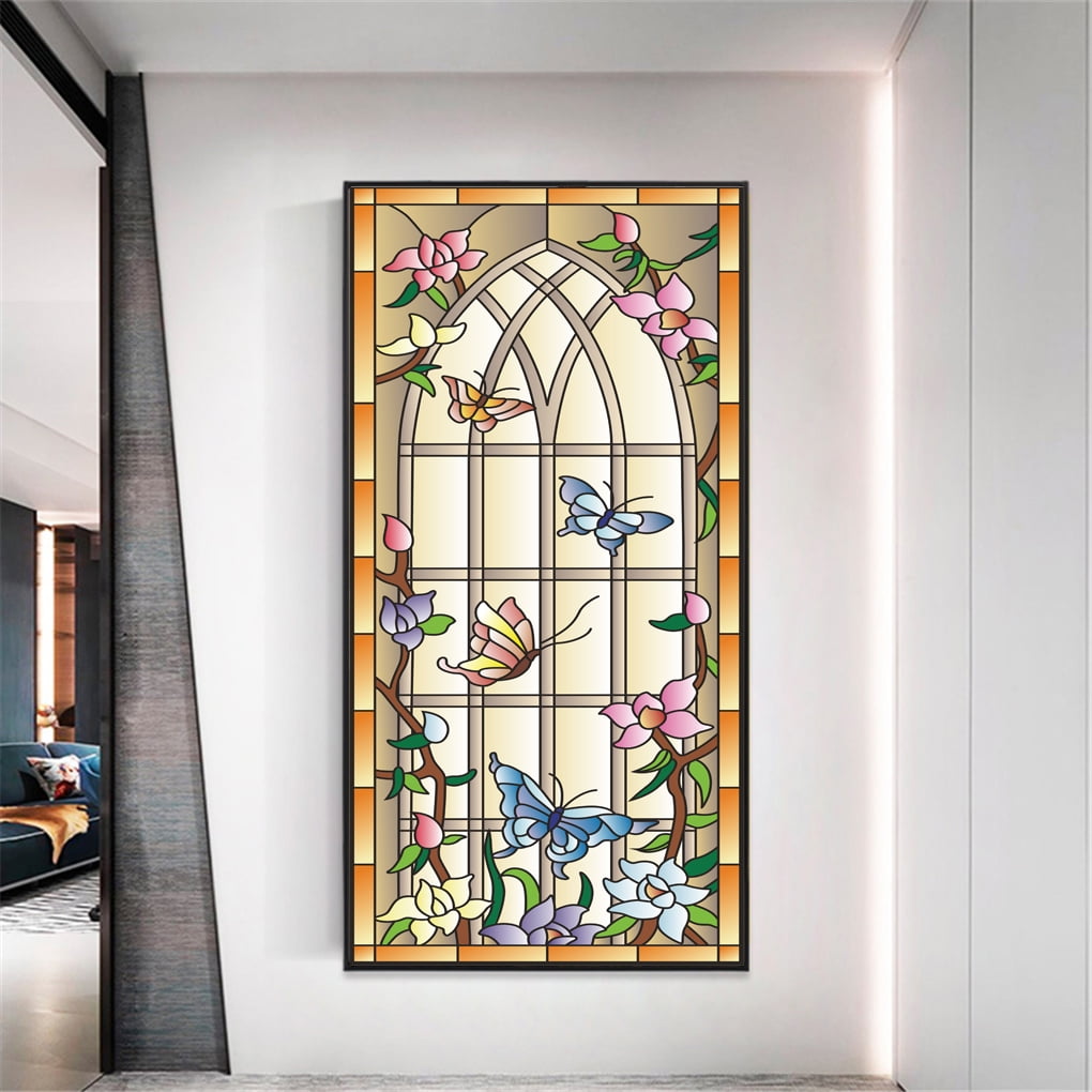 Privacy Windows Film Orchid Butterfly Stained Glass Window Stickers No Glue Static Cling