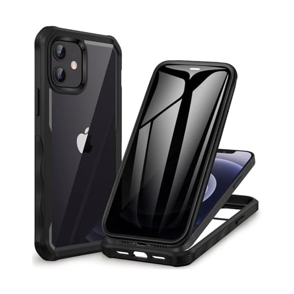 Privacy for iPhone 12 Case/iPhone 12 Pro Case, Full Body Phone Case with Built-in 9H Tempered Glass Privacy Screen Protector and Camera Lens Protector, Shockproof Bumper Clear Cover -Black