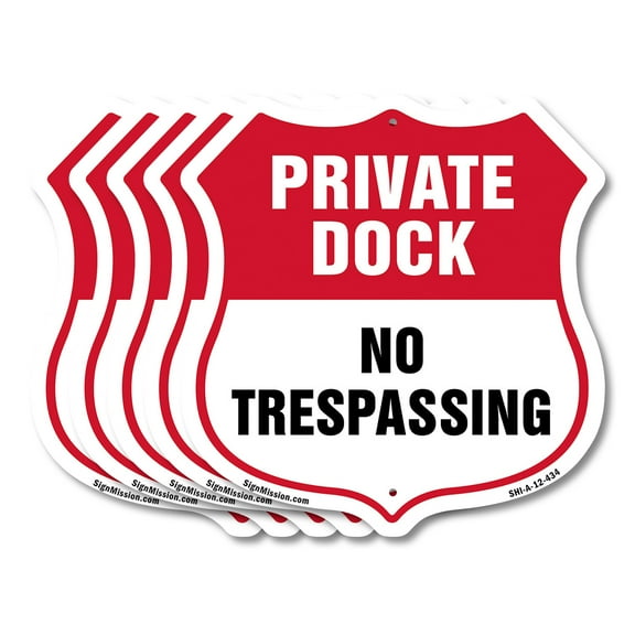 Private Dock Shield Sign No Trespassing (5 Pack) 12 inch X 12 inch Shield-Shaped Rust-Free Aluminum Metal Signs Weather Resistant, UV Protected for Workplace Made in the USA
