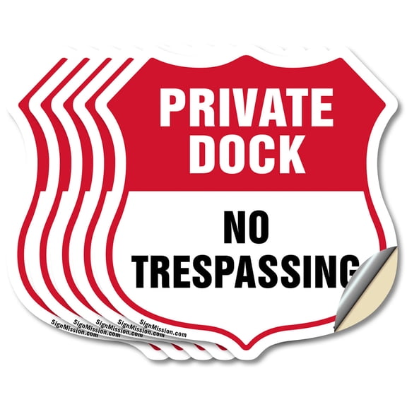 Private Dock Shield Sign No Trespassing (5 Pack) 4 inch X 4 inch Shield Shaped Heavy Duty 3.2 mil Vinyl Decals Weather Resistant, UV Protected for Workplace Made in the USA
