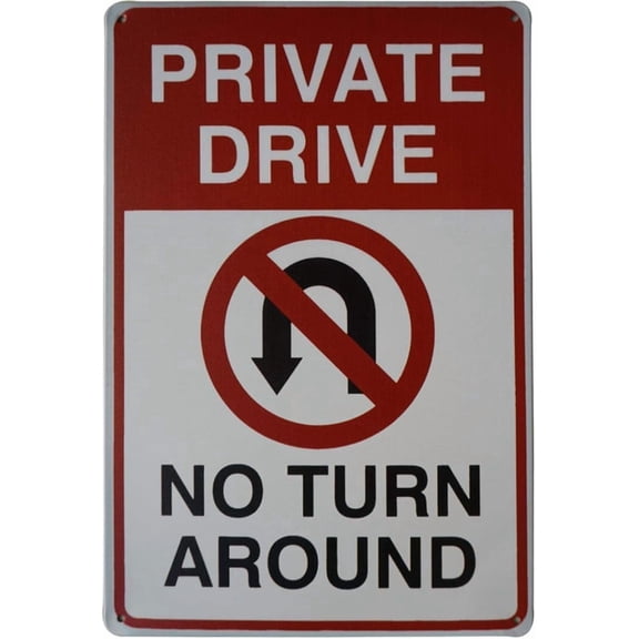 Private Drive No Turn Around Embossed Metal Tin Sign, No U-Turn Symbol Plaque for Driveways, Private Drive Warning Sign, 8x12 Inch