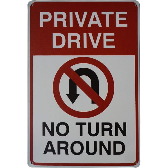 Private Drive No Turn Around Embossed Metal Tin Sign with No U-Turn Symbol Private Drive Sign Driveway Signs No Turnaround 8"x12" Inch (2 Pack)