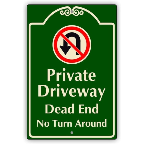 Private Driveway Dead End No Turn Symbol Tin Metal Sign, Novelty Plaque for Property, Driveway Traffic Warning Sign, 8x12 Inch