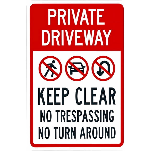 Private Driveway Keep Clear No Trespassing Or Turn Around Sign - 8"x12", Metal Security Decor for Home, Business, Yard, Garden, Office, Street, Road