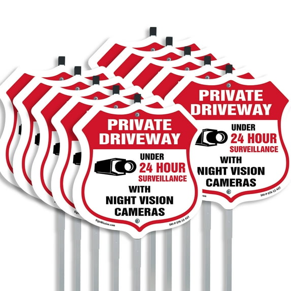 Private Driveway Shield Sign Under 24 Hour Video Surveillance By Night Vision Cameras (10 Pack) 12 inch X 12 inch Shield Shaped Commercial Grade Plastic Signs with Aluminum Mounting