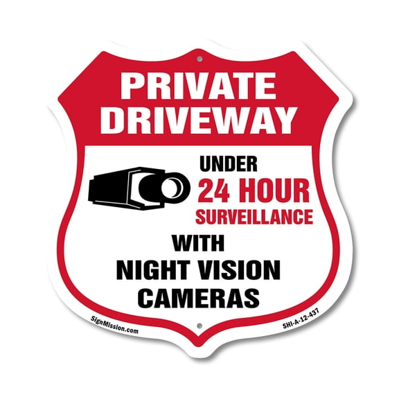 Private Driveway Shield Sign Under 24 Hour Video Surveillance By Night Vision Cameras 12 inch X 12 inch Shield-Shaped Rust-Free Aluminum Metal Sign Weather Resistant Made in the USA