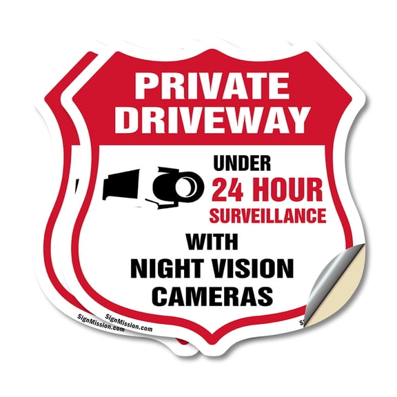 Private Driveway Shield Sign Under 24 Hour Video Surveillance By Night Vision Cameras (2 Pack) 6 inch X 6 inch Shield Shaped Heavy Duty 3.2 mil Vinyl Decals Weather Resistant Made in