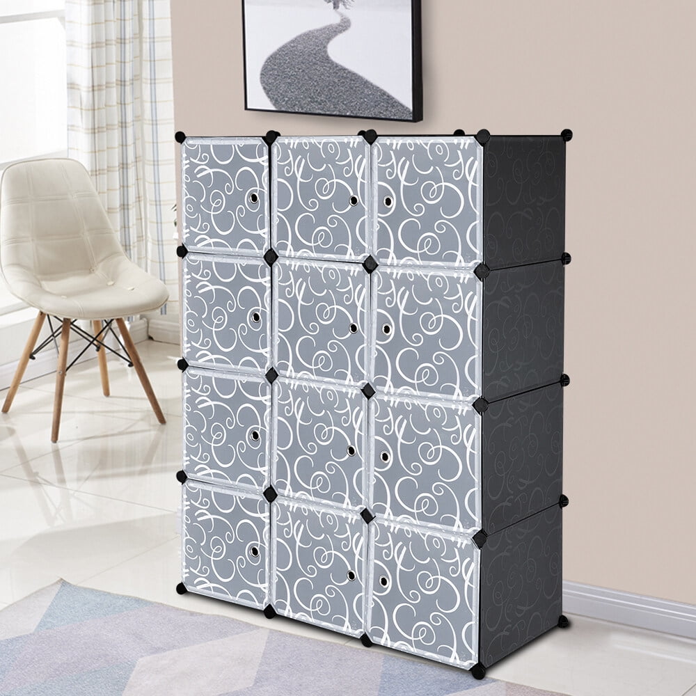 Private Jungle 12 Cubes Shelves Units, Closet Cabinet Bookshelf, DIY Plastic Modular Storage Cube Organizer w/Pattern White Doors and Hammer - Black
