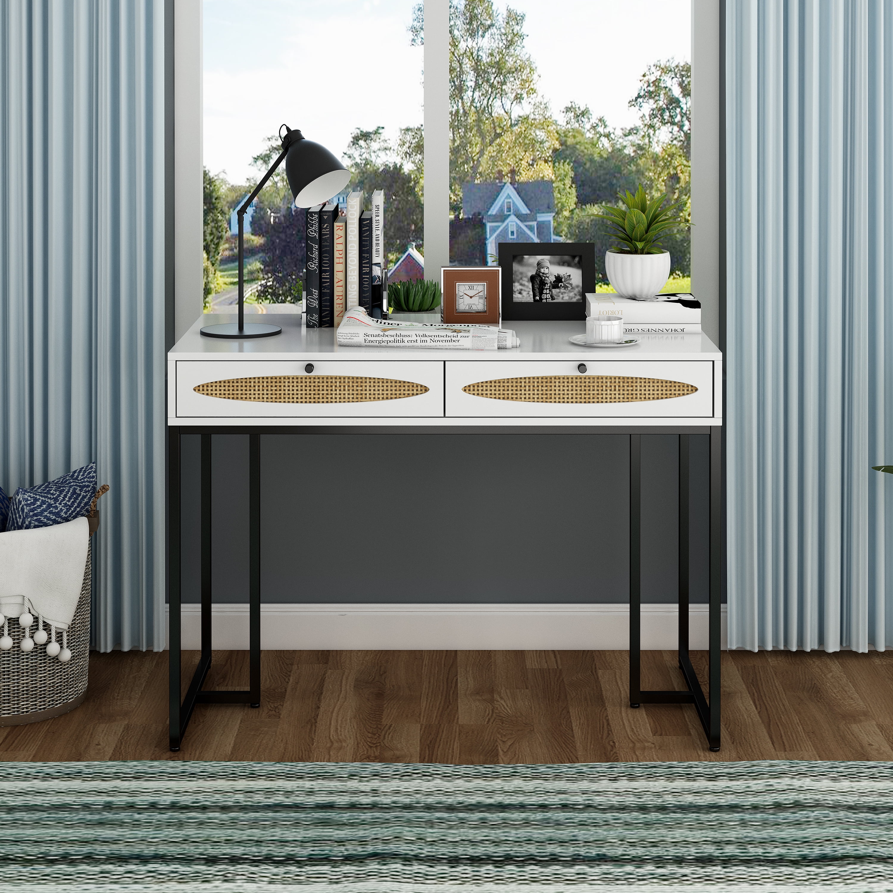 Private Jungle 2 Rattan drawers Home Office Computer Desk or Vanity Table,White Private Jungle 2 Rattan drawers Home Office Computer Desk or Vanity Table,White