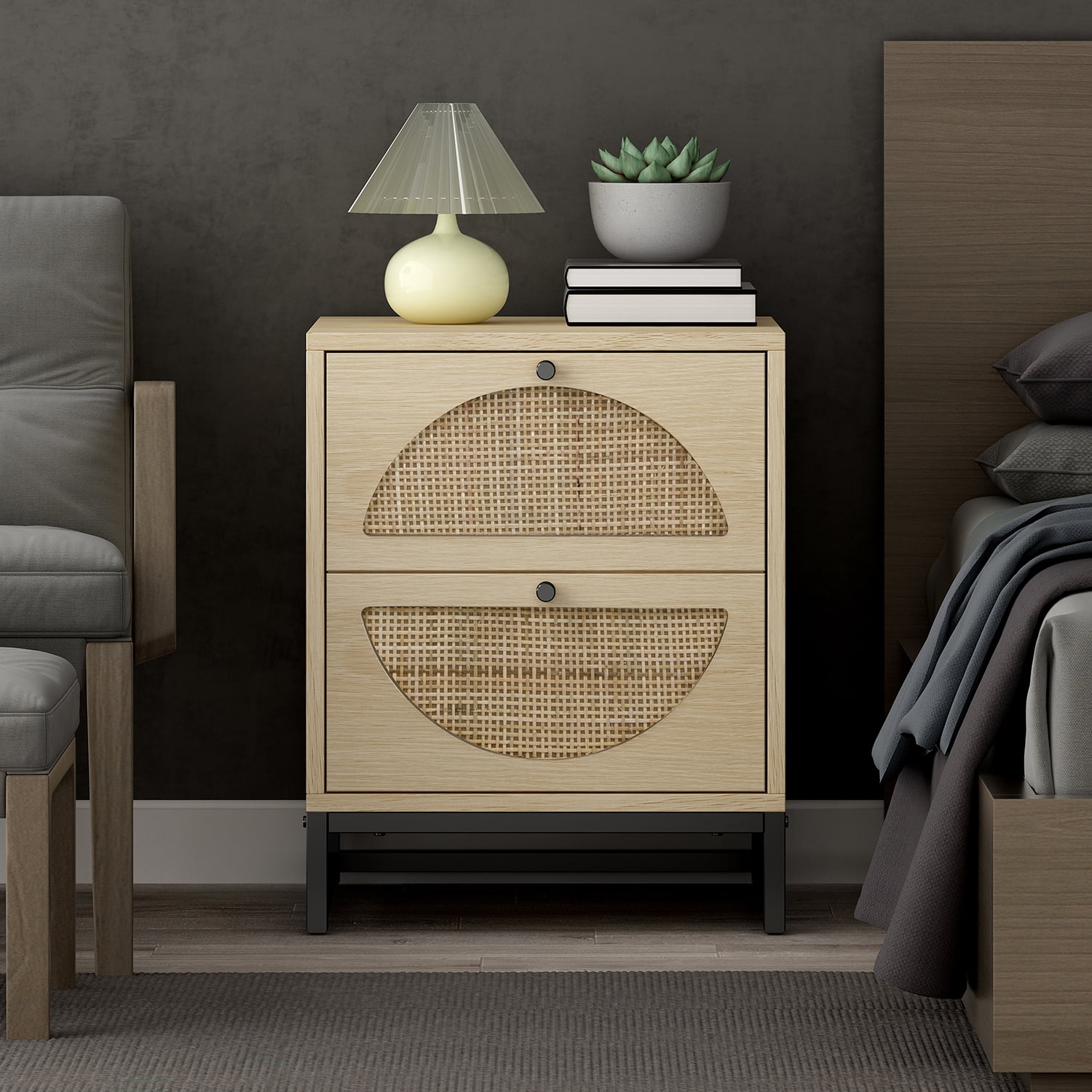 Private Jungle 21" Nightstand with 2 Hand Made Rattan Drawers, Nightstand Side Table for Bedroom ,Natural Private Jungle 21" Nightstand with 2 Hand Made Rattan Drawers, Nightstand Side Table for Bedroom ,Natural