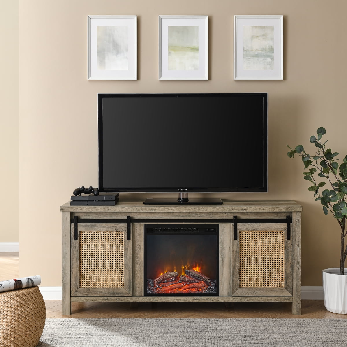 Private Jungle 65"TV Stand with Electric Fireplace,Cabinet Door with Steel Net and Pulley,4 Storage Shelves,Gray Private Jungle 65"TV Stand with Electric Fireplace,Cabinet Door with Steel Net and Pulley,4 Storage Shelves,Gray