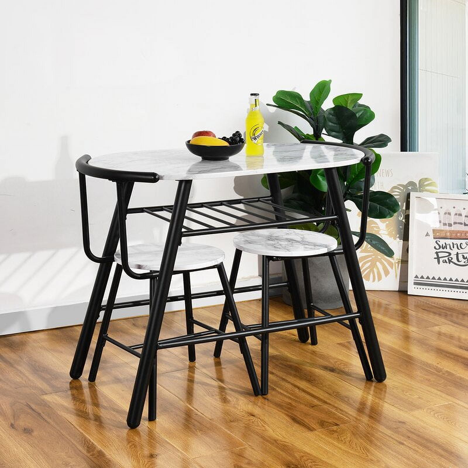 Private Jungle Dining Set Compact 2 Chairs and Table Set with Metal Frame and Shelf Storage Bistro Pub Breakfast Space Saving - marble & white Private Jungle Dining Set Compact 2 Chairs and Table Set with Metal Frame and Shelf Storage Bistro Pub Breakfast Space Saving - marble & white