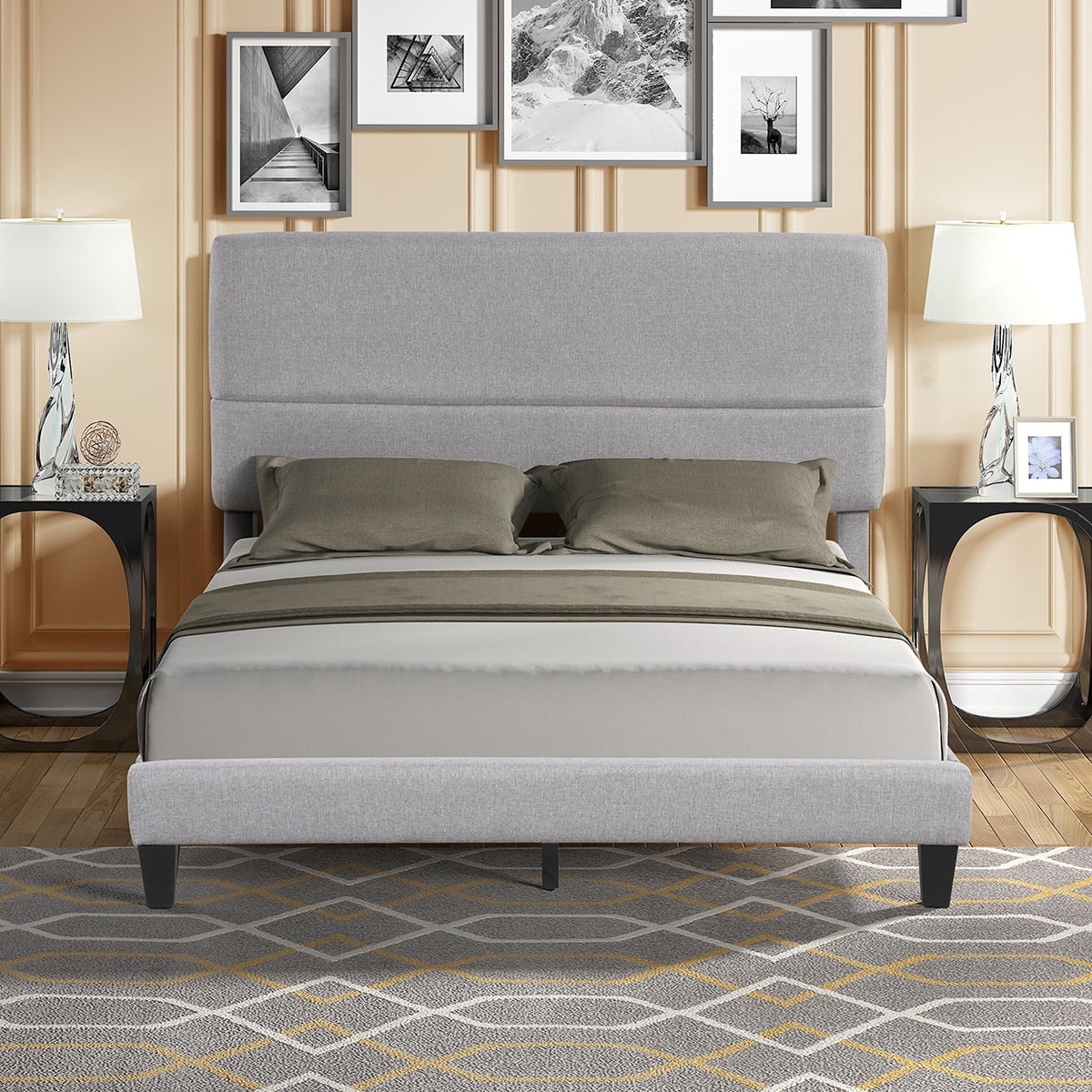 Private Jungle Full Upholstered Bed Frame, Platform Bed with Upholstered Button Headboard, Support with Wooden Slats, White Private Jungle Full Upholstered Bed Frame, Platform Bed with Upholstered Button Headboard, Support with Wooden Slats, White