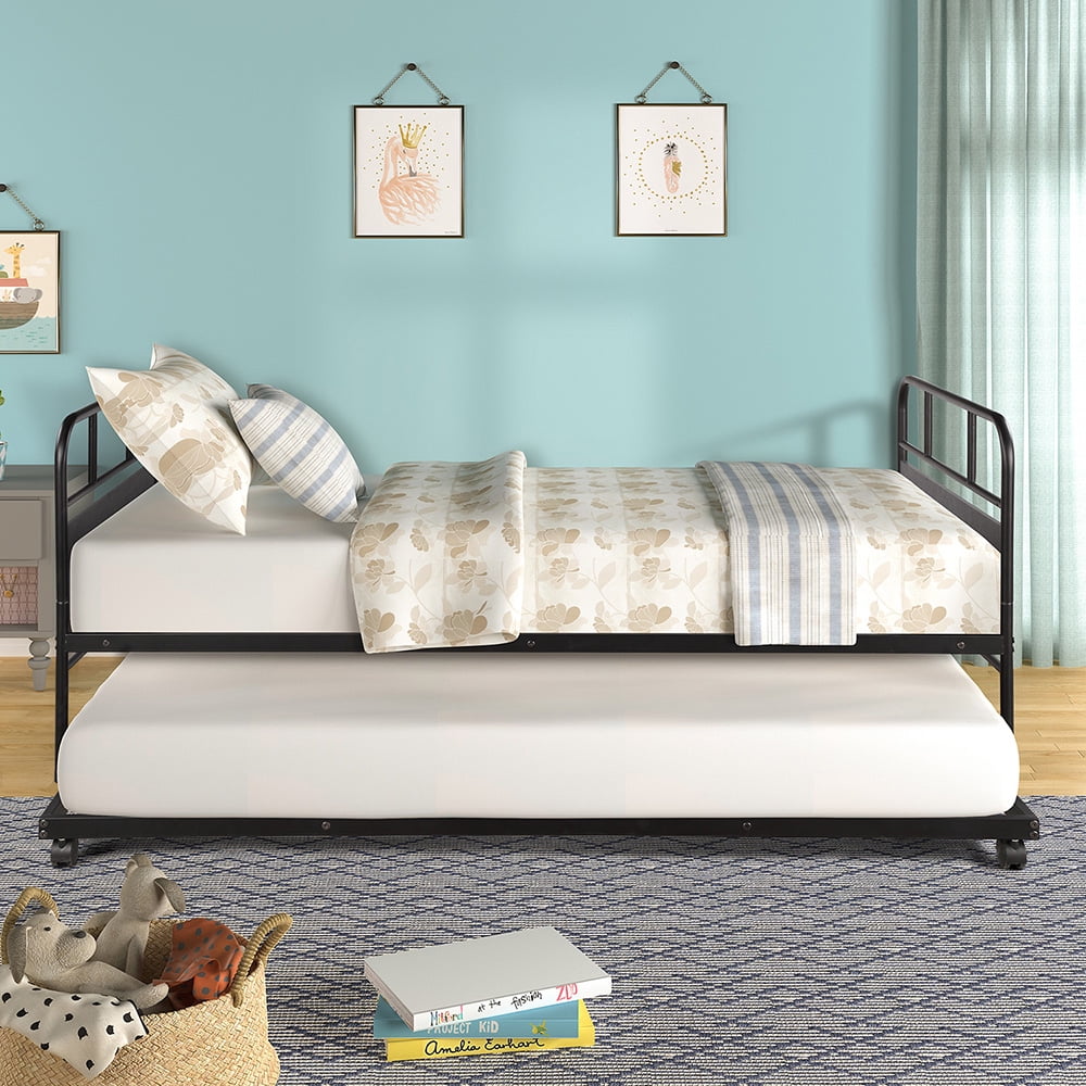 Private Jungle Metal Daybed Platform Beds, Steel Bed Frame with Trundle Built-in Casters,Twin/Black Private Jungle Metal Daybed Platform Beds, Steel Bed Frame with Trundle Built-in Casters,Twin/Black