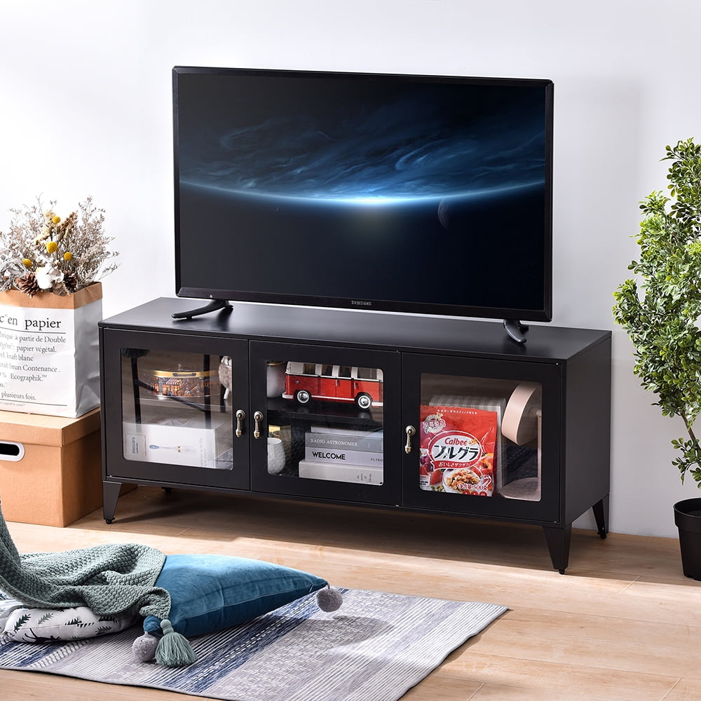 Private Jungle Modern TV Stand for TVs up to 55", Console Storage Cabinet Shelf with 3 Glass Door-Black Private Jungle Modern TV Stand for TVs up to 55", Console Storage Cabinet Shelf with 3 Glass Door-Black