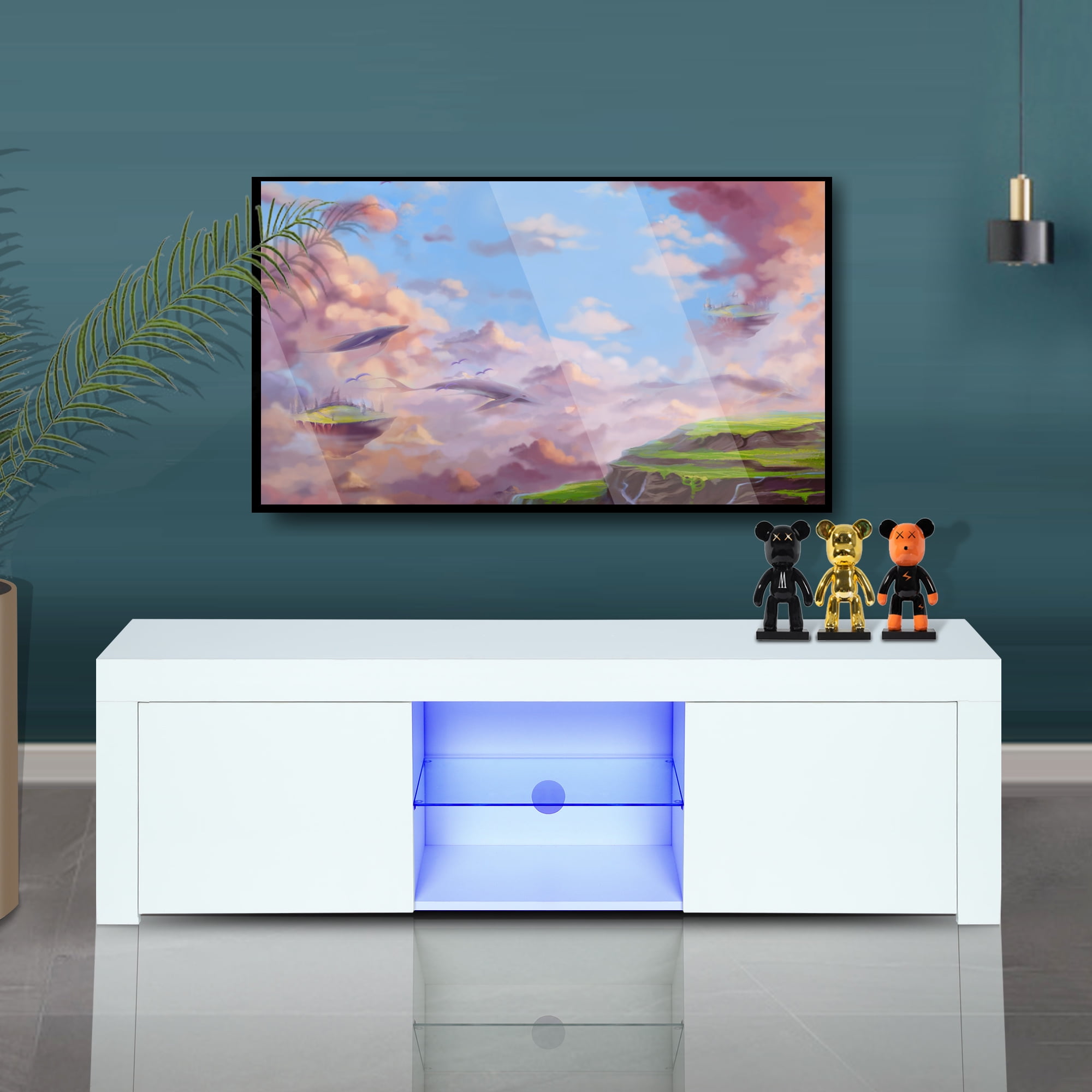Private Jungle Morden TV Stand with LED Lights, High Glossy Front TV Cabinet, Assembled in Lounge Room, Living Room or Bedroom, White Private Jungle Morden TV Stand with LED Lights, High Glossy Front TV Cabinet, Assembled in Lounge Room, Living Room or Bedroom, White