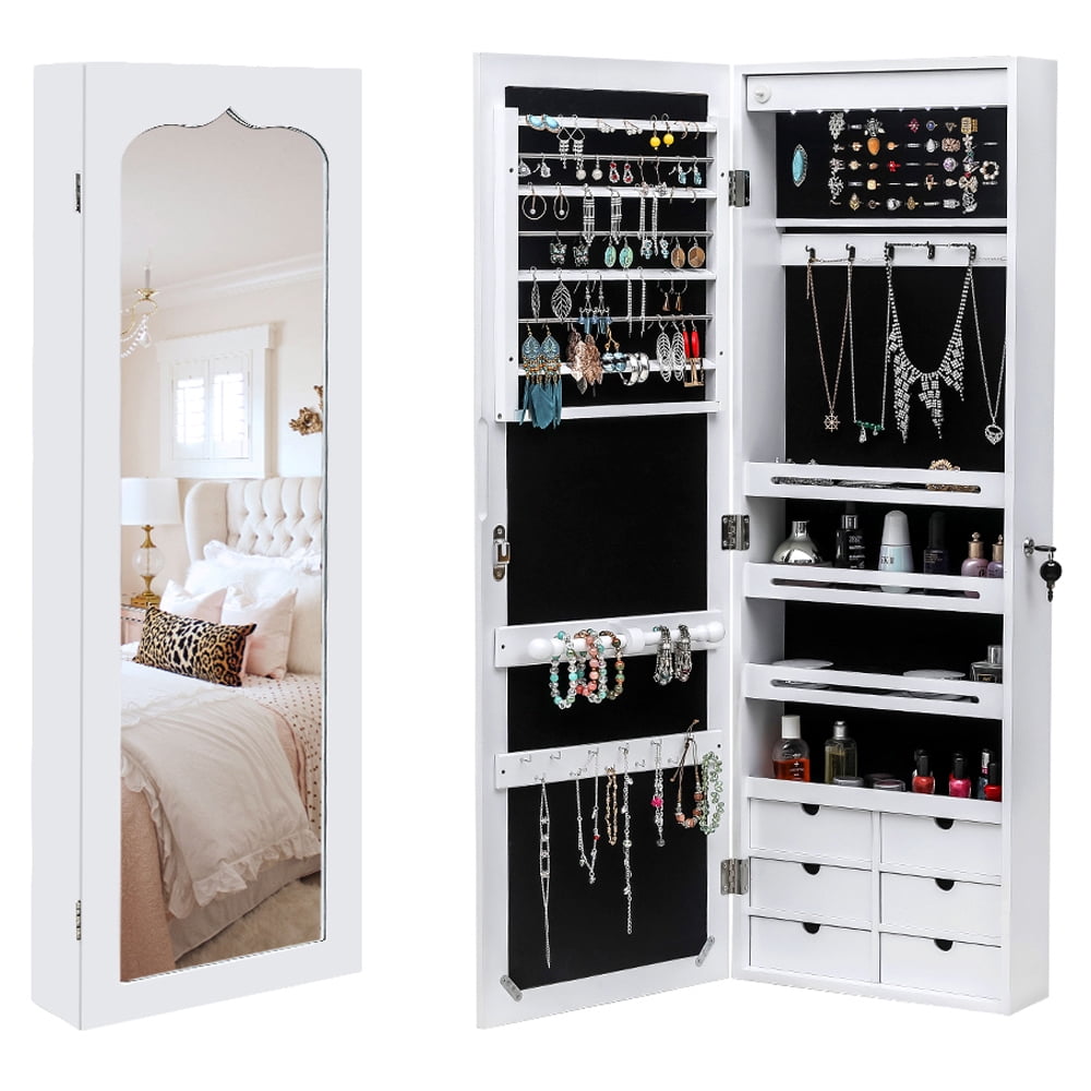 Private Jungle Non Full Mirror Wooden Wall Mounted 4-Layer Shelf 6 Drawers 8 Blue LED Light Jewelry Storage Mirror Cabinet - White Private Jungle Non Full Mirror Wooden Wall Mounted 4-Layer Shelf 6 Drawers 8 Blue LED Light Jewelry Storage Mirror Cabinet - White