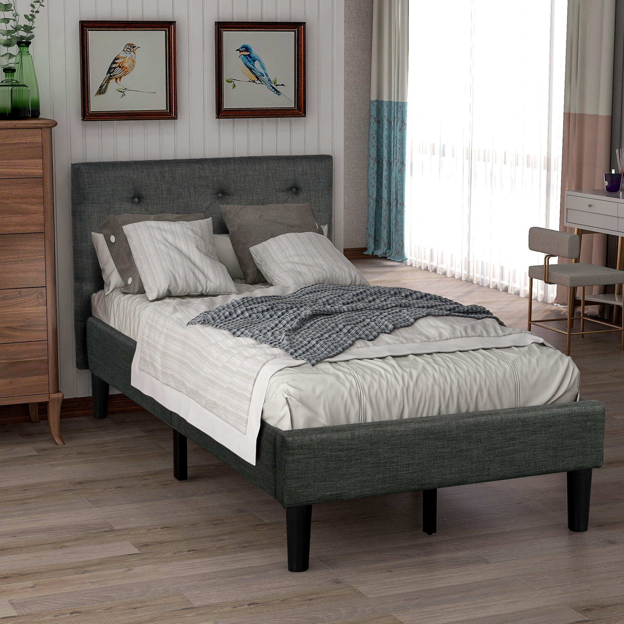 Private Jungle Platform Beds, Twin Size Bed Frame with Headboard, Gray Private Jungle Platform Beds, Twin Size Bed Frame with Headboard, Gray