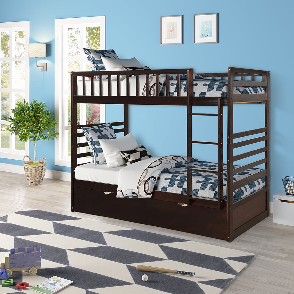 Private Jungle Solid Wood Twin Bed, Over Twin Bunk Bed with Trundle, Espresso