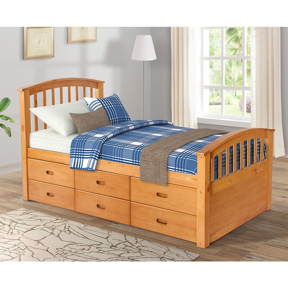 Private Jungle Solid Wood Twin Size Bed with Storage, Platform Bed with 6 Drawers-Oak