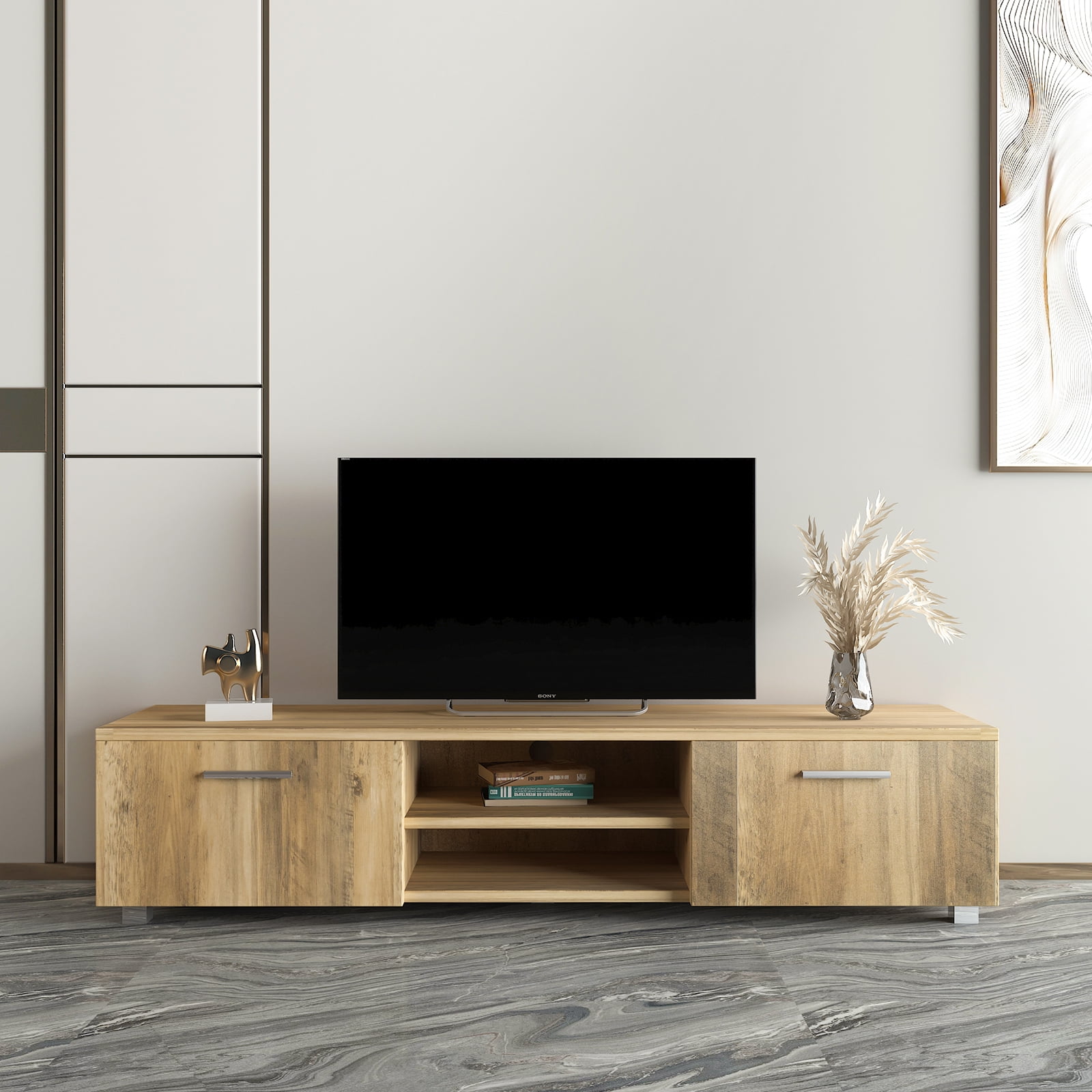 Private Jungle TV Console Table with Storage Cabinet Shelves with 2 Doors 63 Inch Entertainment Center for Living Room Bedroom,Oak Color