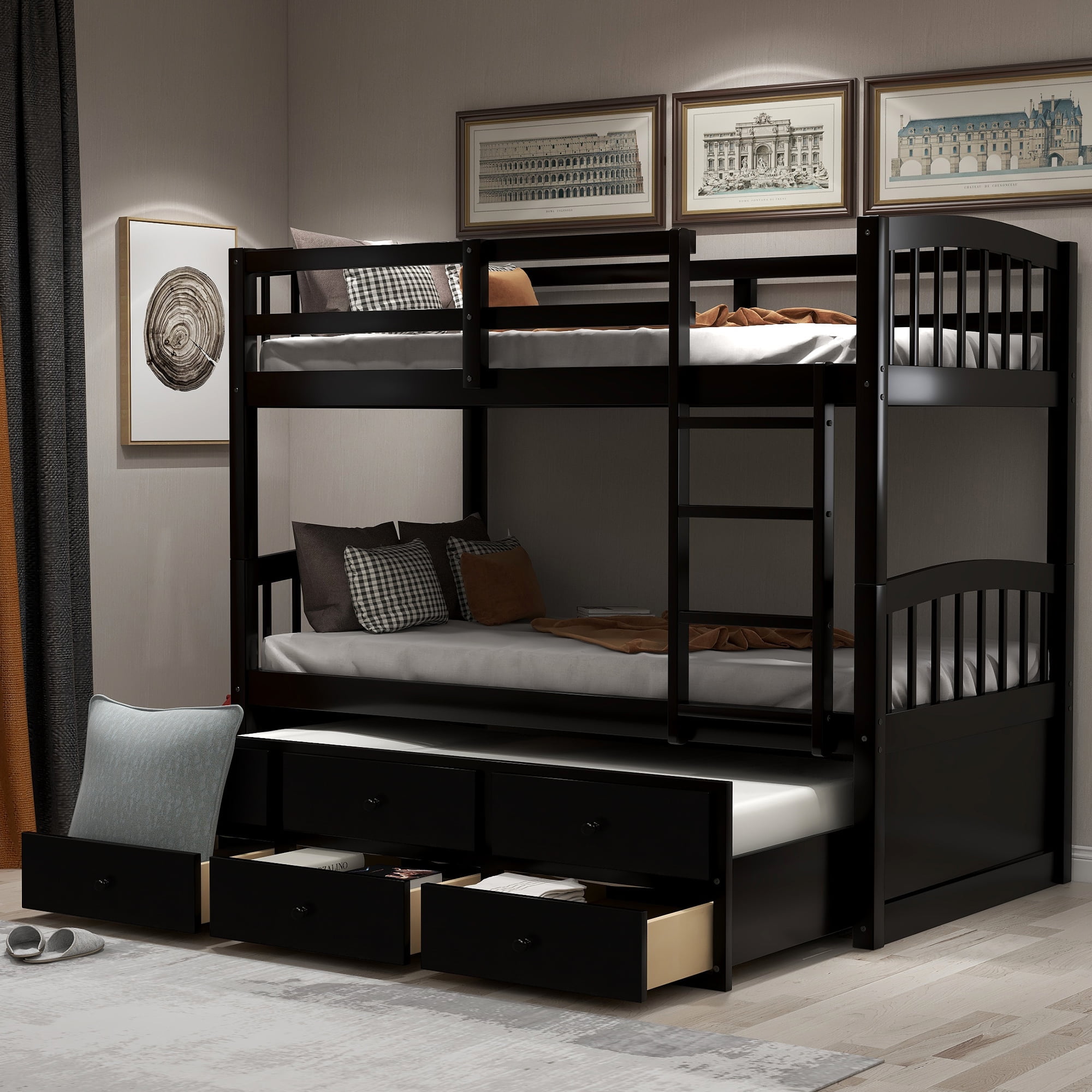 Private Jungle Twin Bunk Beds with Trundle and Ladder, Twin Loft Beds with 3 Drawers for Kids, Espresso