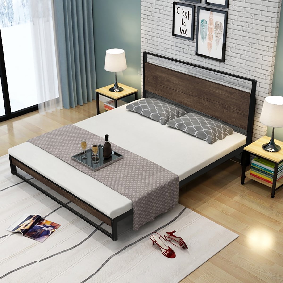 Private Jungle Twin Metal Bed Frame with Wood Slats, Platform Bed with Headboard, Sturdy Metal Frame