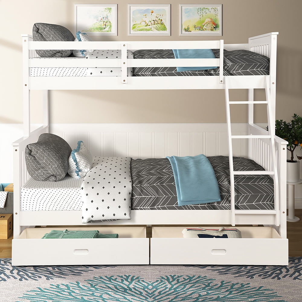 Private Jungle Twin-Over-Full Bunk Beds with Ladders and 2 Storage Drawers, White