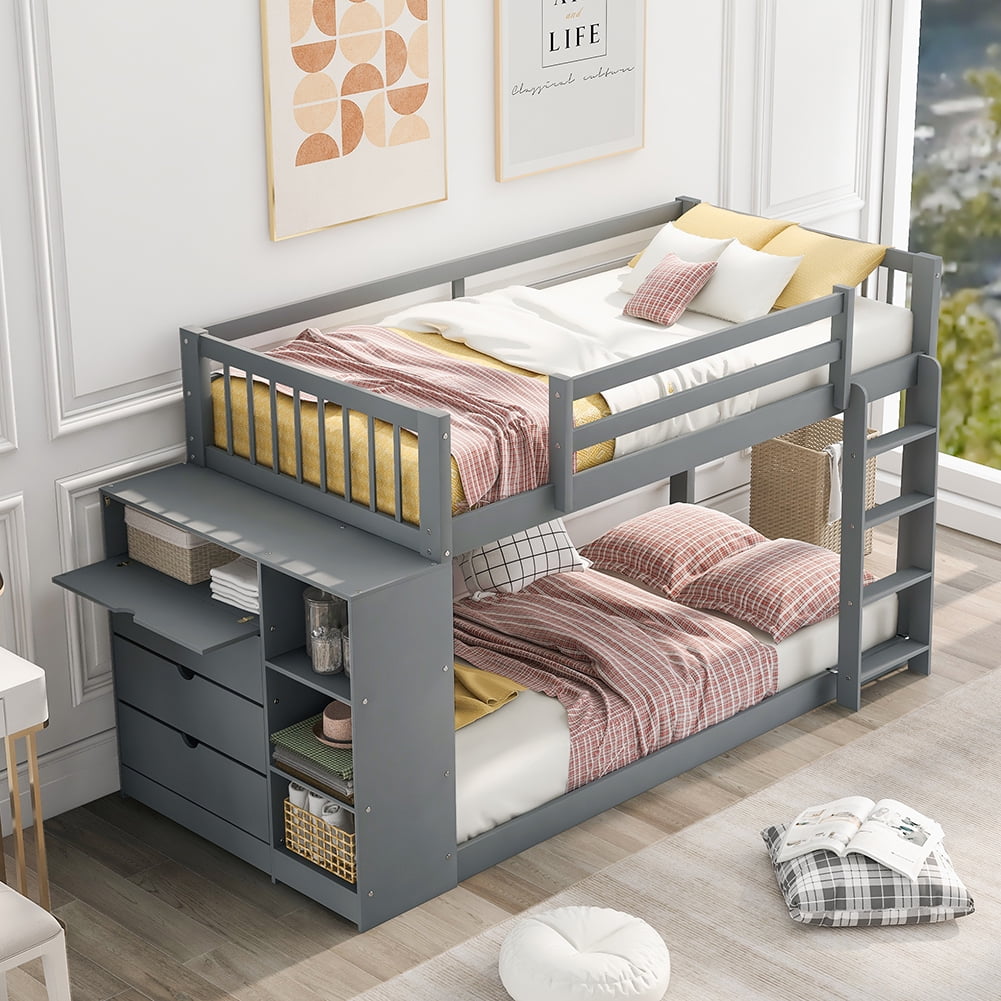 Private Jungle Twin over Twin Bunk Bed with Attached Cabinet and Shelves Storage,Gray