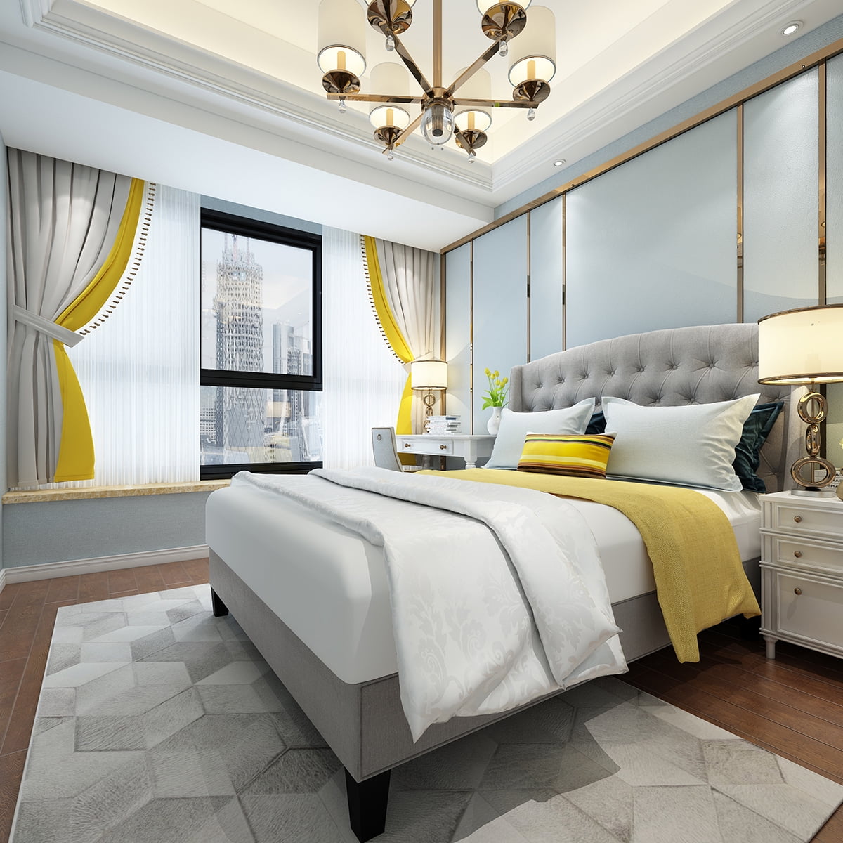 Private Jungle Upholstered Platform Bed Frame, Full Platform Bed with Upholstered Button Headboard, White Private Jungle Upholstered Platform Bed Frame, Full Platform Bed with Upholstered Button Headboard, White