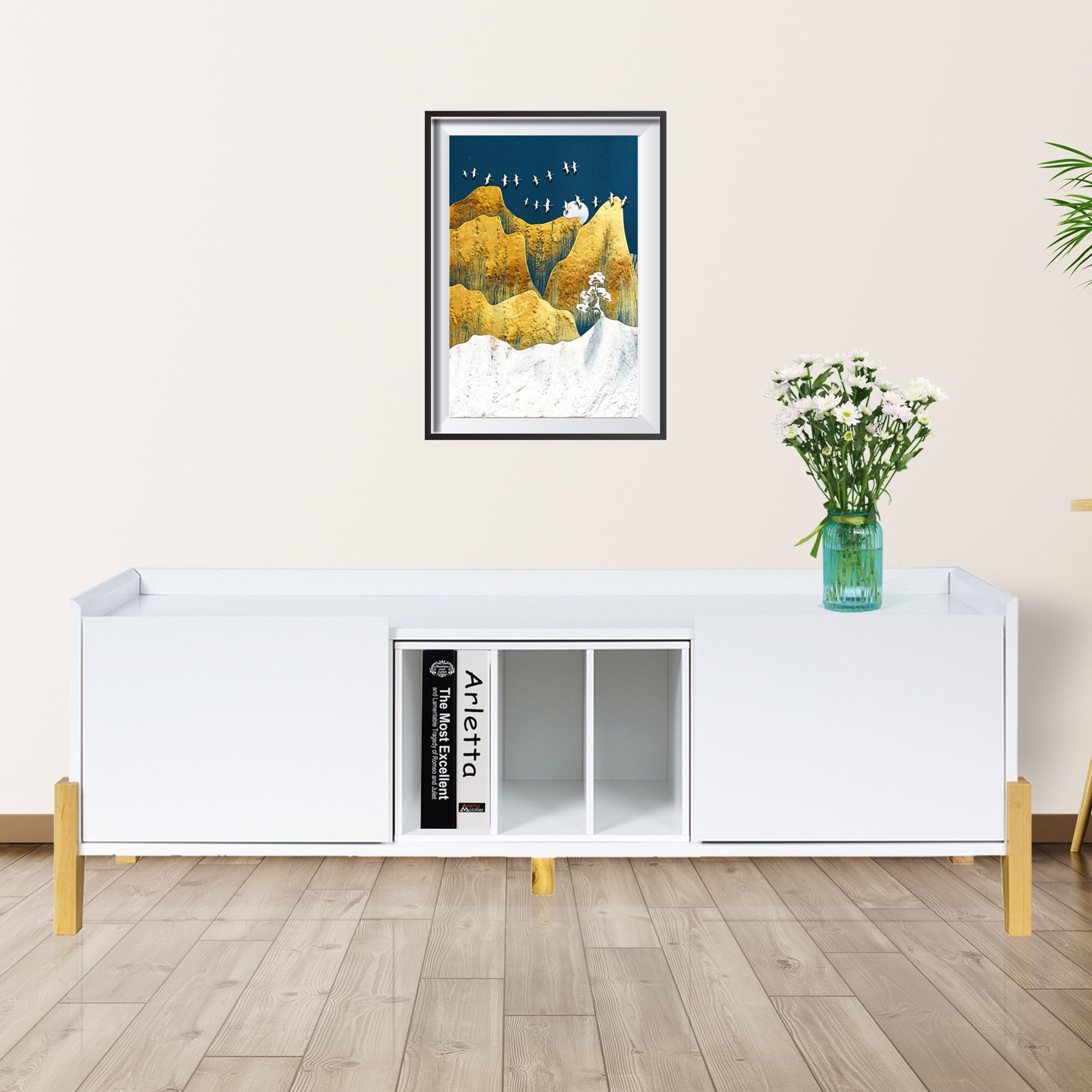 Private Jungle Wooden TV Stand for TVs up to 55 Inch Media Console with 2 Cabinets and Open Storage Shelves TV Console(White)