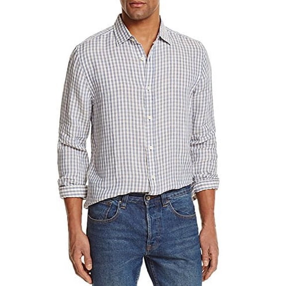 Private Label Linen Check Regular Fit Button-Down Shirt (Blue, L)