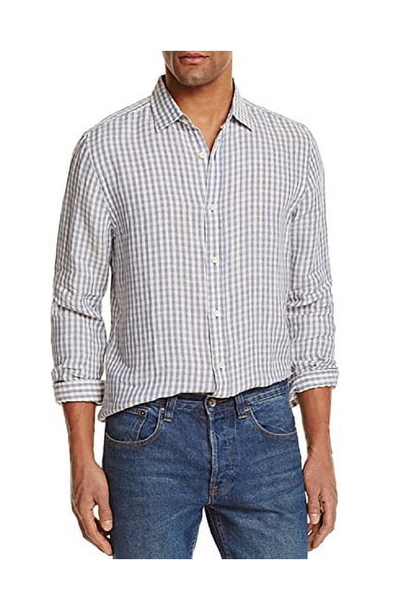 Linen Check Regular Fit Button-Down Shirt (Blue, L)