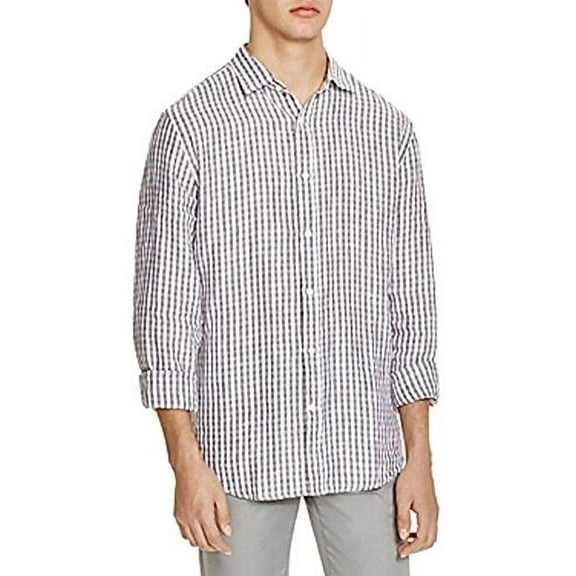 Private Label Linen Check Regular Fit Button-Down Shirt (Grey, M)