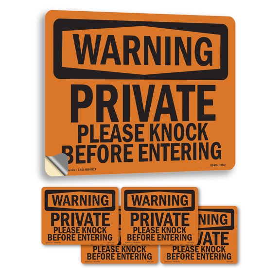 Private Please Knock Before Entering OSHA WARNING Vinyl Decal Label 7 Inch x 5 Inch - 5 Pack