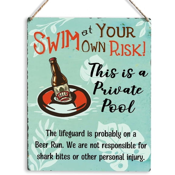 Private Pool Artwork Wood Sign Rustic Farmhouse Style Swim at Your Own Risk Wooden Sign Hanging Plaque 8x10 Inch Summer Home Swimming Pool Decor for Presents