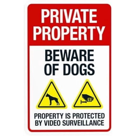 Private Property Beware Of Dogs Property Is Protected By Video Warning Sign, Beware Of Dog Security Metal Signs for Business Home Garage Street Wall Safety Caution Custom Decor 8 x 12 Inch