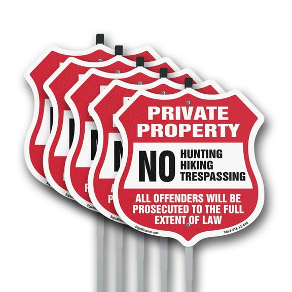 Private Property No Hunting Hiking Trespassing. Violators Will Be Prosecuted To The Full Extent Of Law (5 Pack) 12 inch X 12 inch Shield Shaped Aluminum Metal Signs with Aluminum