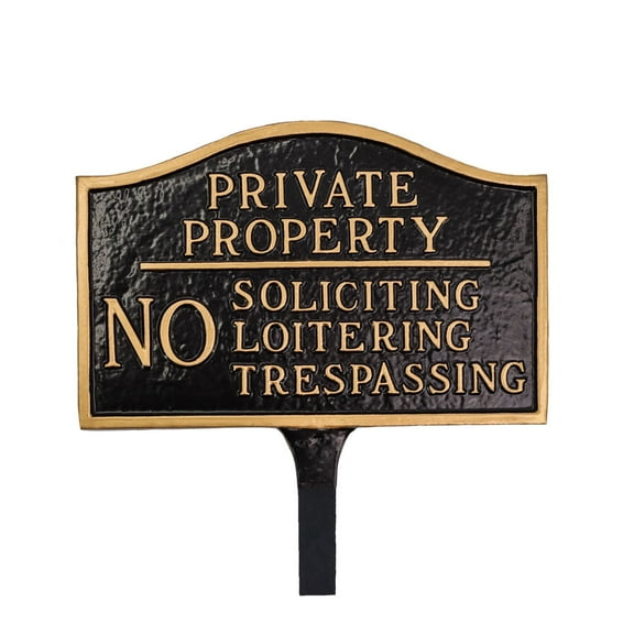 Private Property, No Soliciting, No Loitering Small Soft Arch Statement Plaque with Lawn Stake - Black/Gold